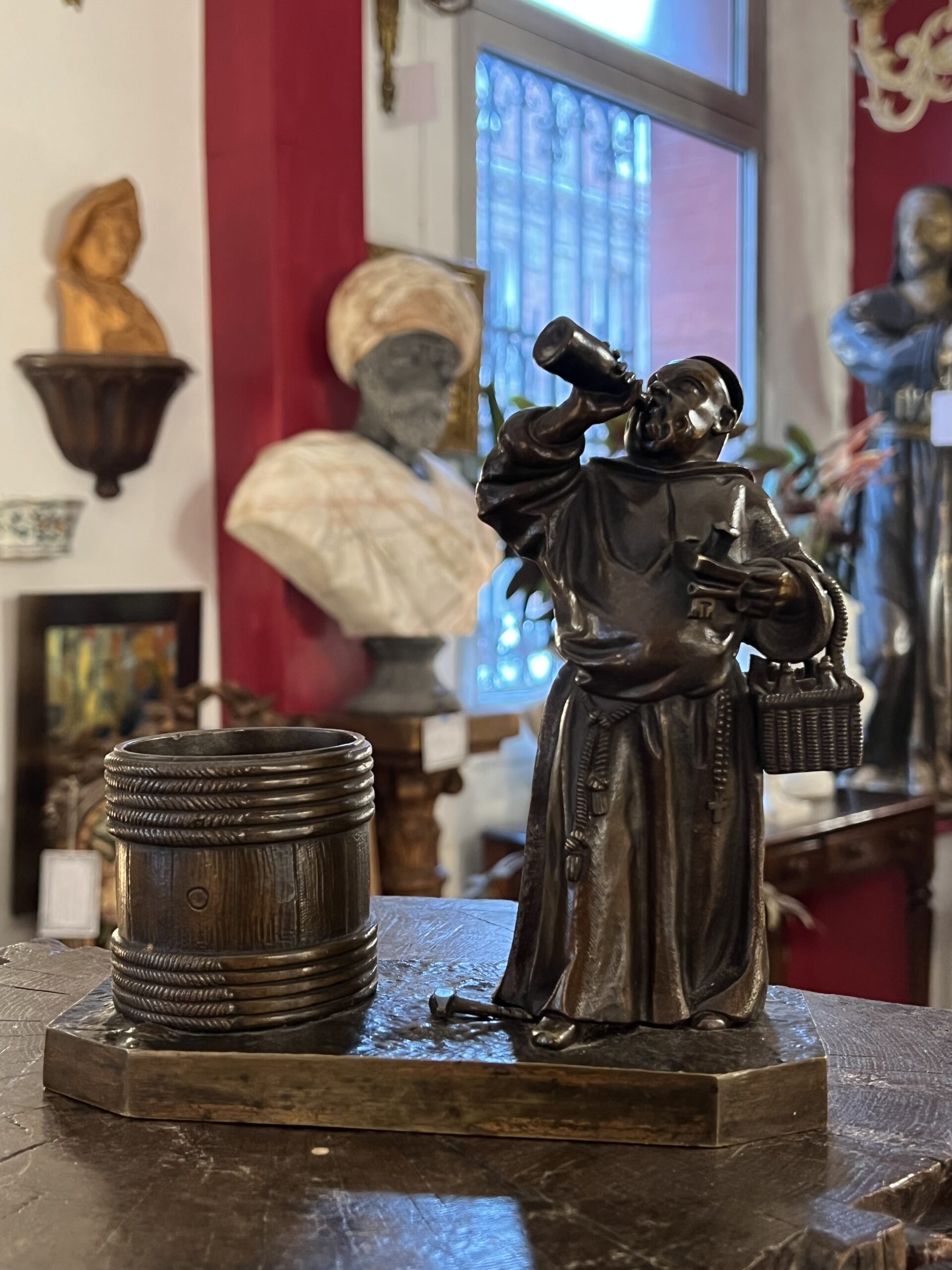 Sculpture en bronze, pyrogène, moine, tonneau, XIXe