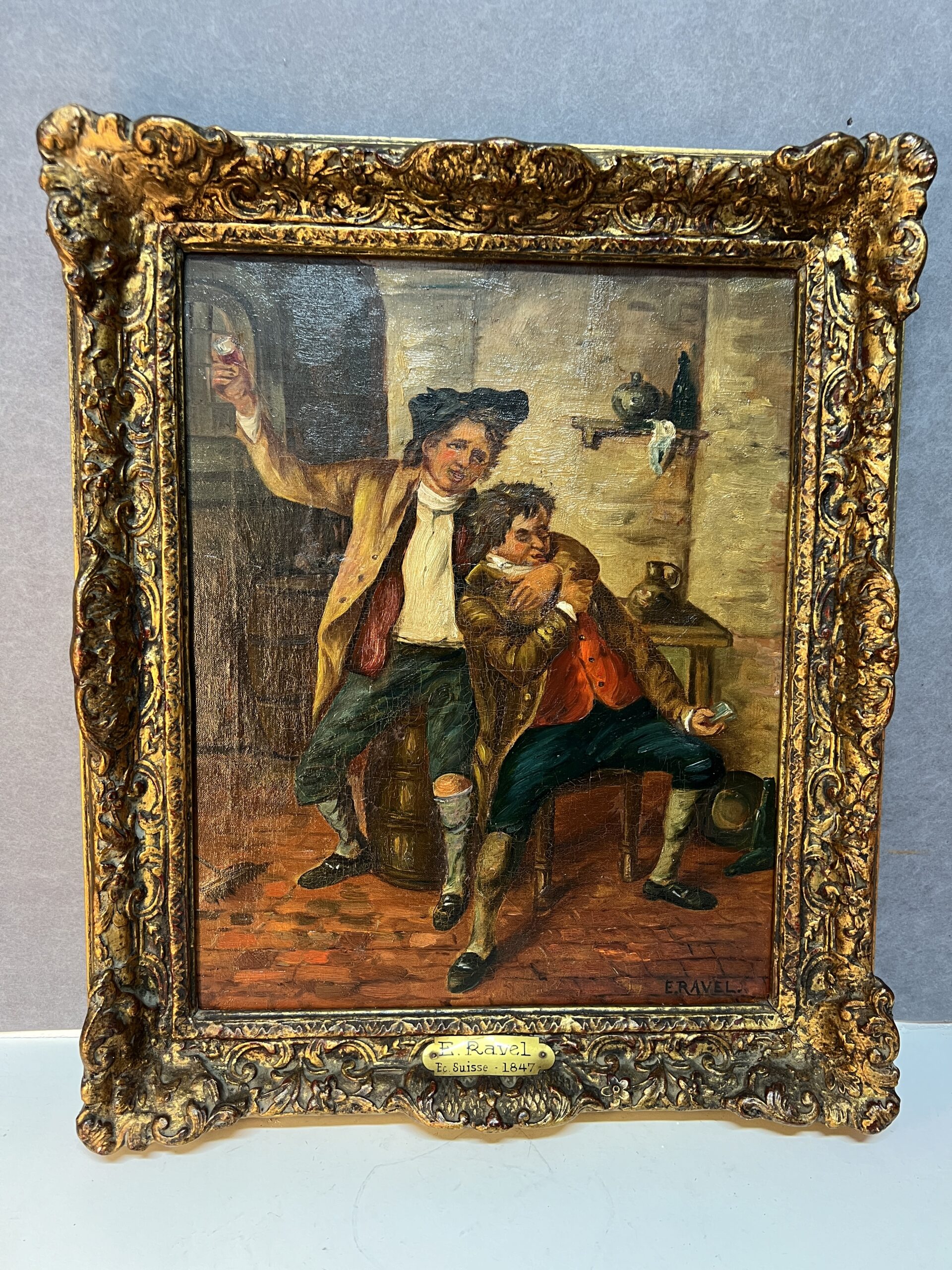 Edouard John E. RAVEL est un artiste né en Suisse en 1847 et mort en 1920, HST scène de taverne