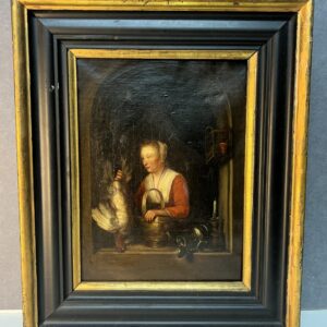 Tableau du début du XIXe siècle, femme dans sa cuisine, HST