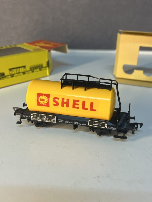 fleischmann 1475 sh, wagon citerne ancien à plate forme de serre freins shell db
