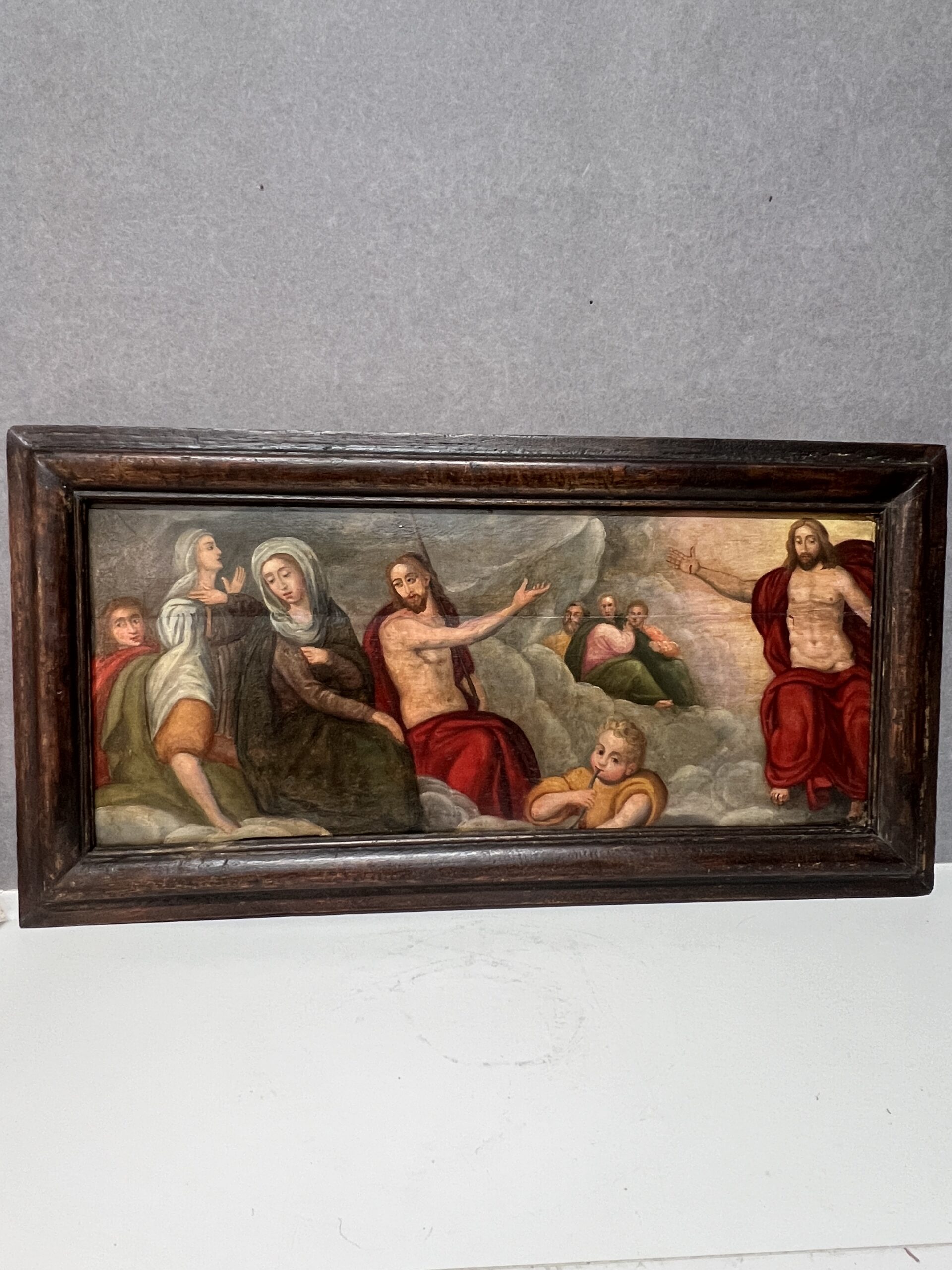 Très beau tableau religieux peint, huile sur panneau de bois, époque XVIIe siècle