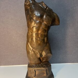 Epreuve en bronze à patine brun vert nuancé représentant le buste d'un homme dénudé et musclé