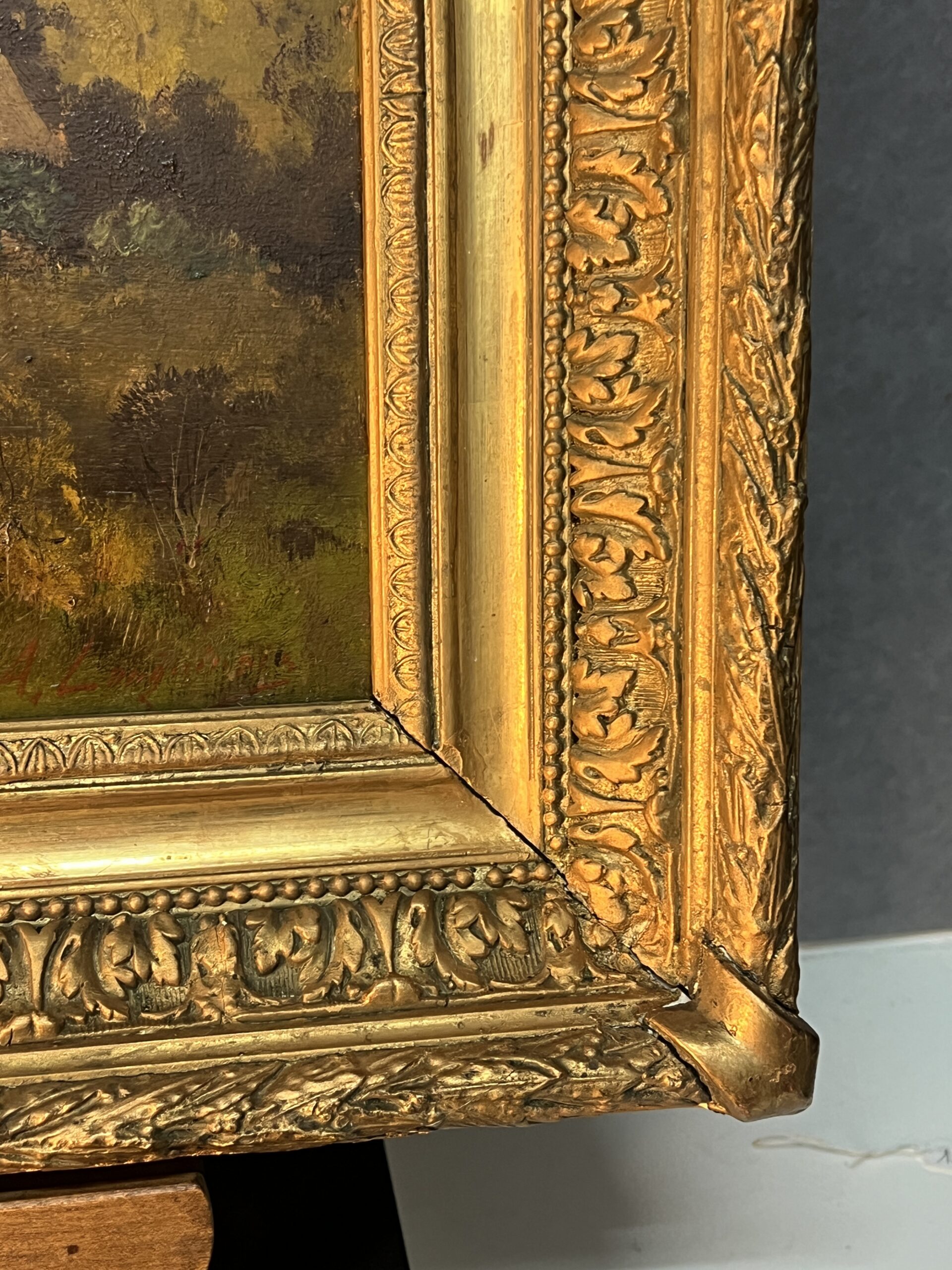 Eugène Galien-Laloue, signé sous le pseudo A. Languinais, huile sur panneau décor champêtre