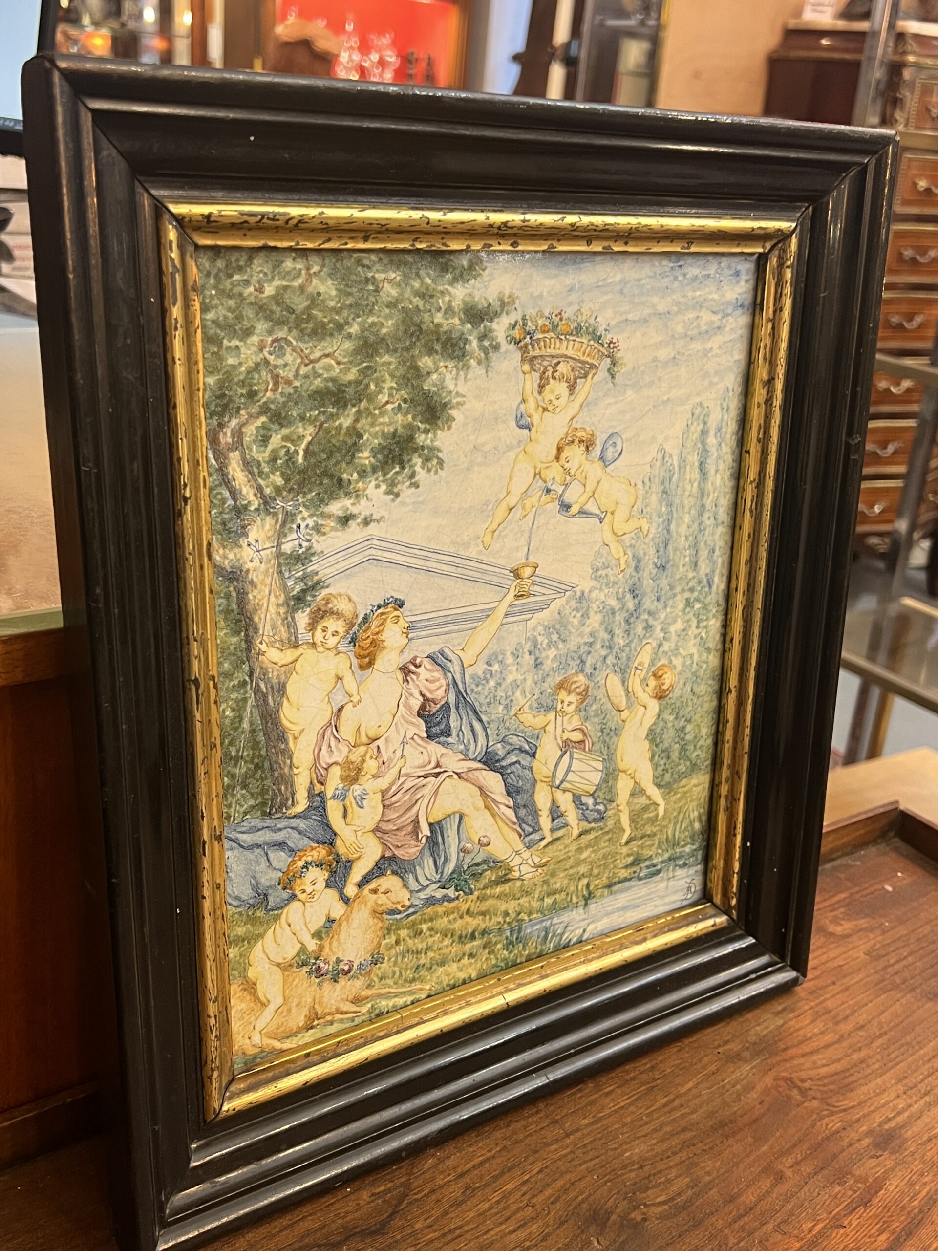 Superbe plaque de faïence Italienne XIXe siècle, décor animée de putti " l'amour "