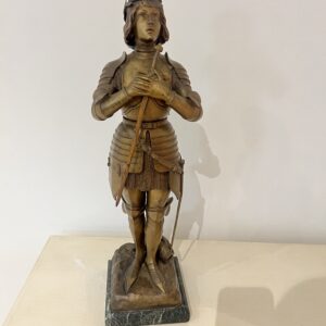 O. Ruffony, sculpture en bronze Jeanne d'arc en armure sur socle en marbre vert portor, fin XIXe
