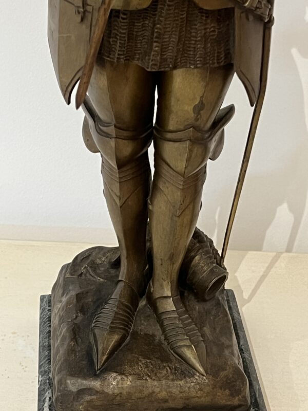 O. Ruffony, sculpture en bronze Jeanne d'arc en armure sur socle en marbre vert portor, fin XIXe