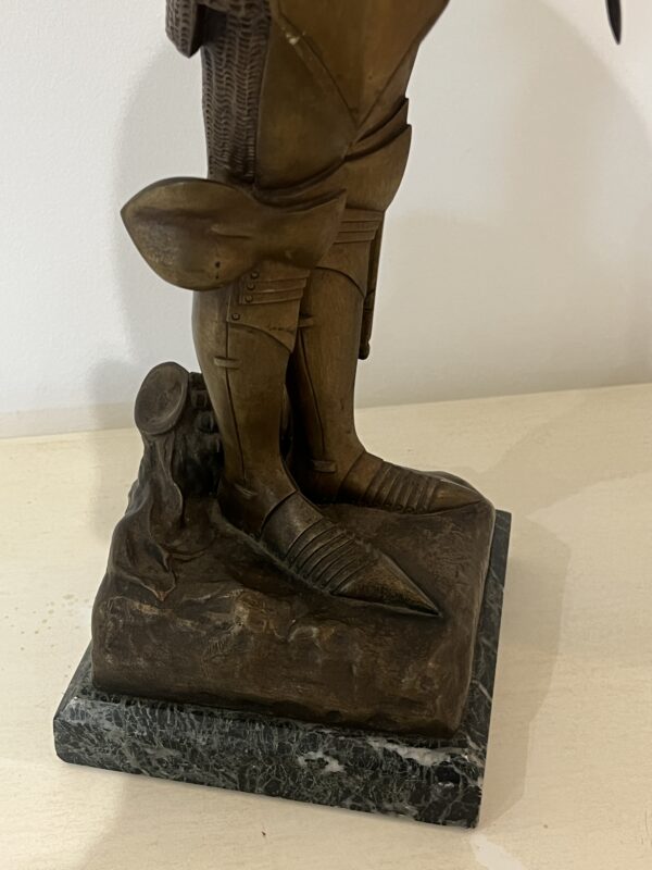 O. Ruffony, sculpture en bronze Jeanne d'arc en armure sur socle en marbre vert portor, fin XIXe