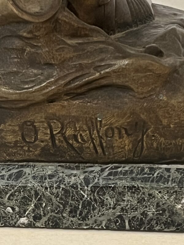 O. Ruffony, sculpture en bronze Jeanne d'arc en armure sur socle en marbre vert portor, fin XIXe