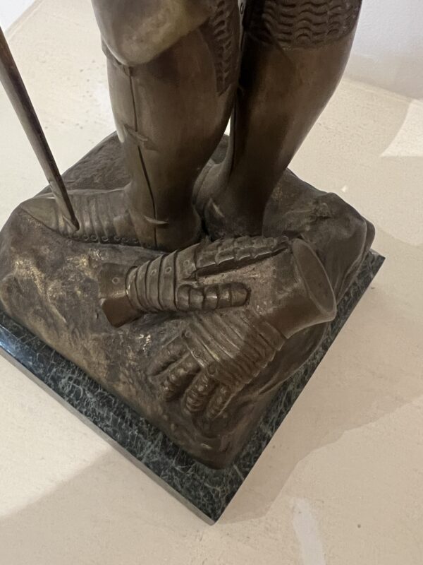 O. Ruffony, sculpture en bronze Jeanne d'arc en armure sur socle en marbre vert portor, fin XIXe
