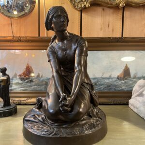 Belle sculpture en bronze représentant Jeanne d'arc assise, par Chapu, Barbedienne et Collas, 57 cm