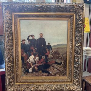 Tableau thème militaire, huile sur toile fin du XIXe siècle, cadre en bois et stuc