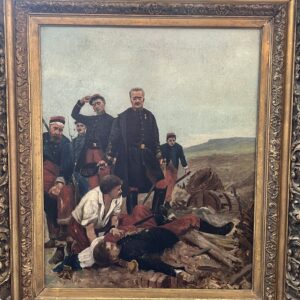 Tableau thème militaire, huile sur toile fin du XIXe siècle, cadre en bois et stuc