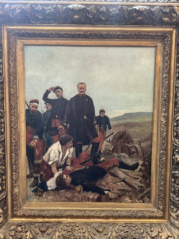 Tableau thème militaire, huile sur toile fin du XIXe siècle, cadre en bois et stuc