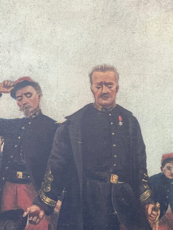 Tableau thème militaire, huile sur toile fin du XIXe siècle, cadre en bois et stuc
