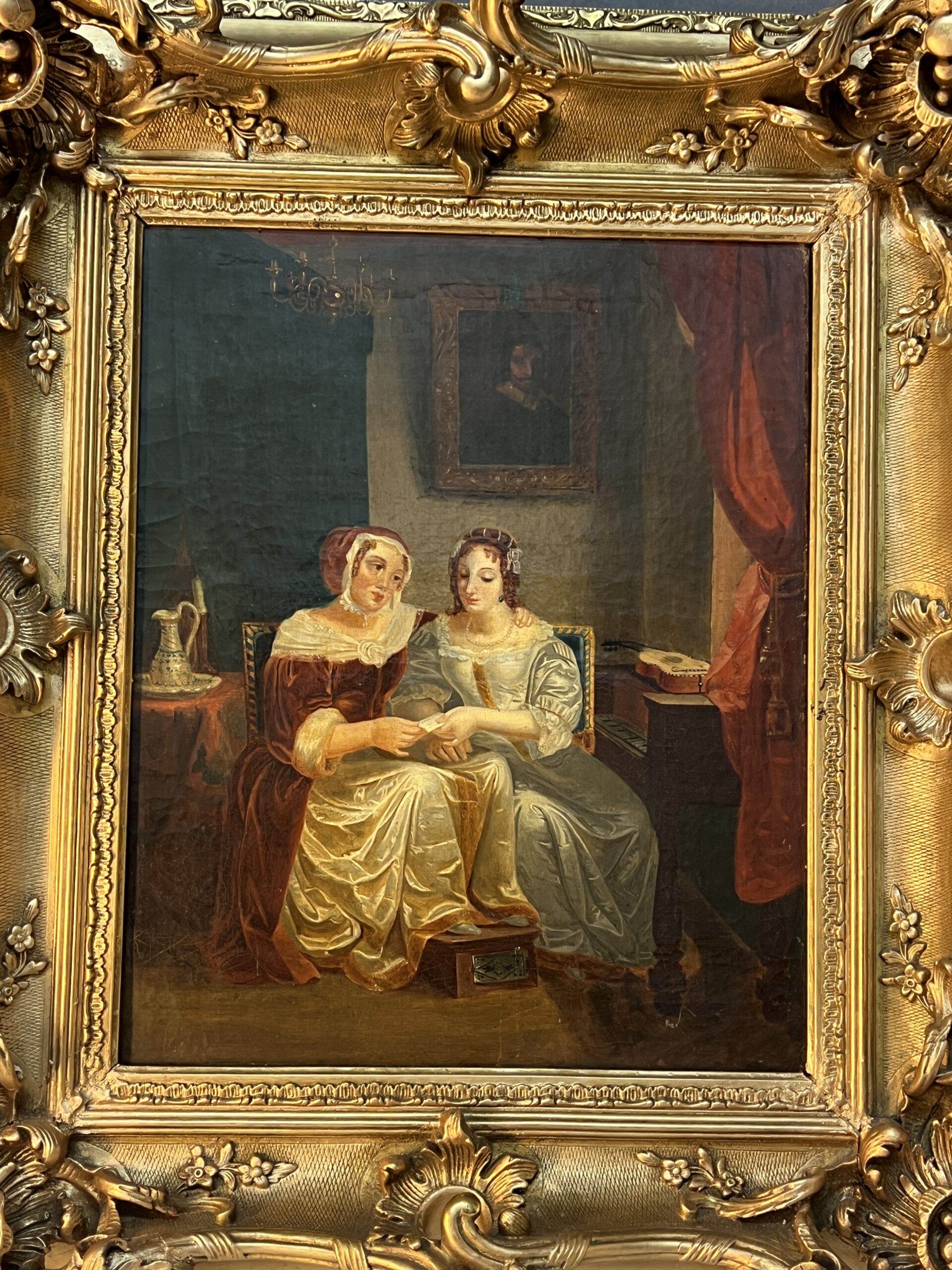 Tableau huile sur toile début XIXe, scène d'intérieur, deux femmes assises, cadre sculpté