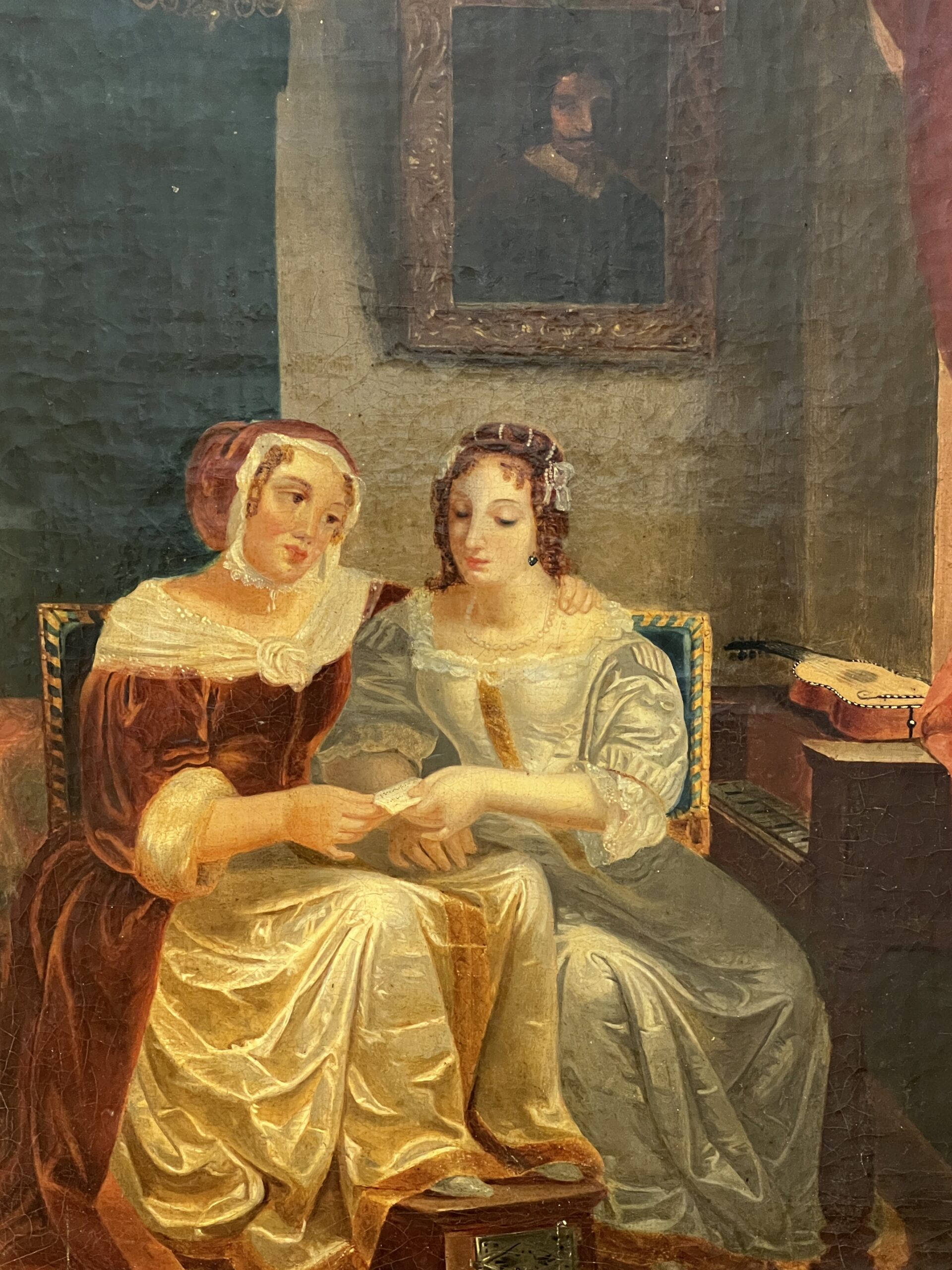 Tableau huile sur toile début XIXe, scène d'intérieur, deux femmes assises, cadre sculpté
