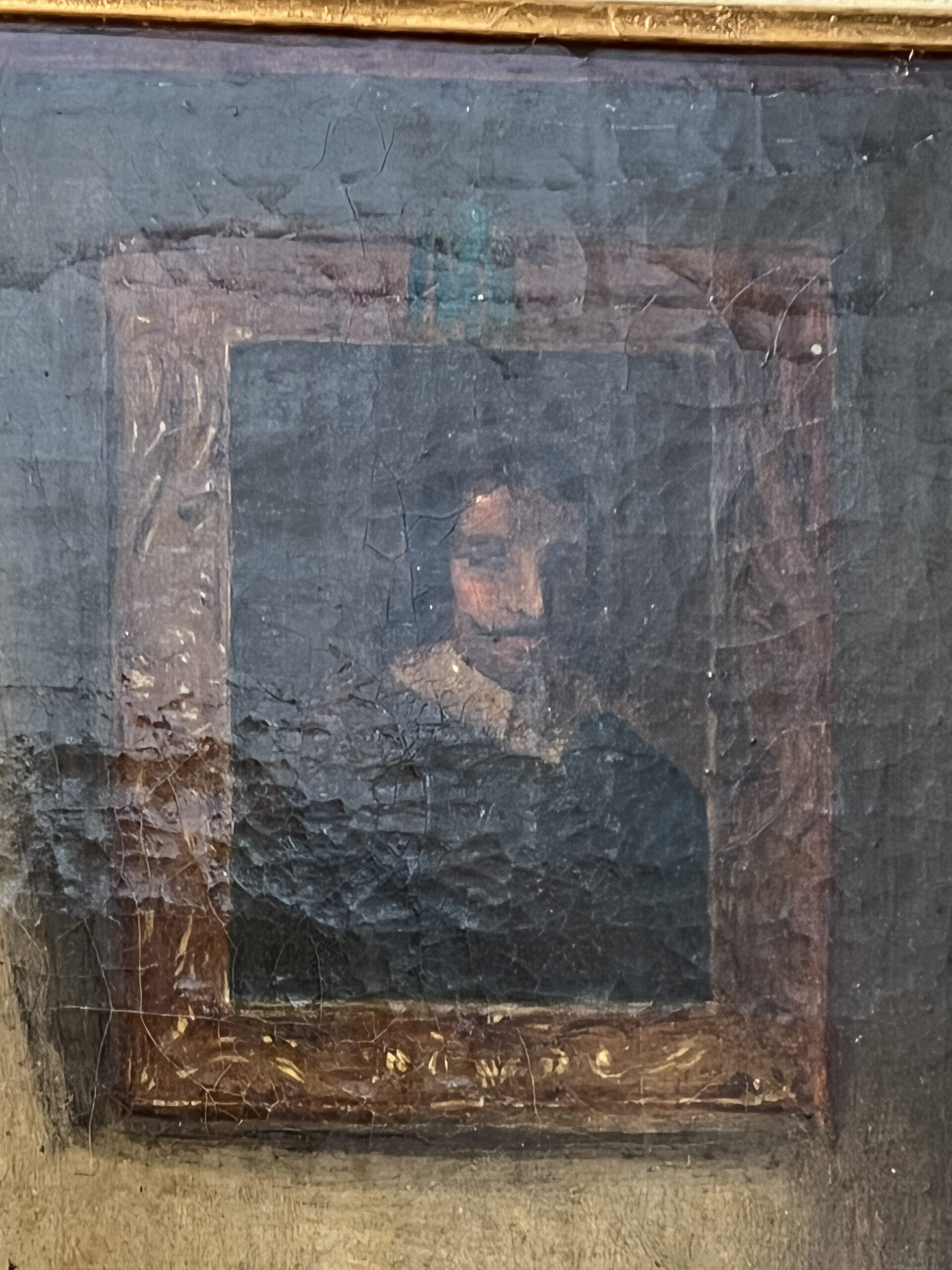 Tableau huile sur toile début XIXe, scène d'intérieur, deux femmes assises, cadre sculpté