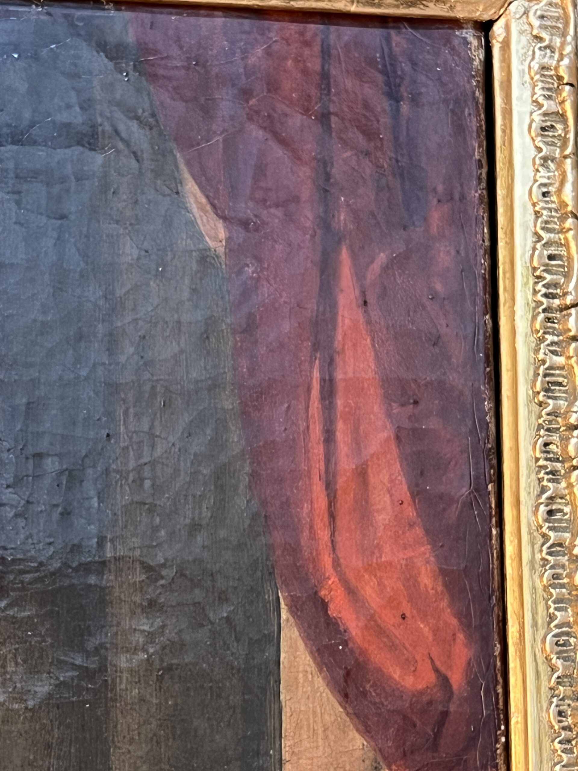 Tableau huile sur toile début XIXe, scène d'intérieur, deux femmes assises, cadre sculpté