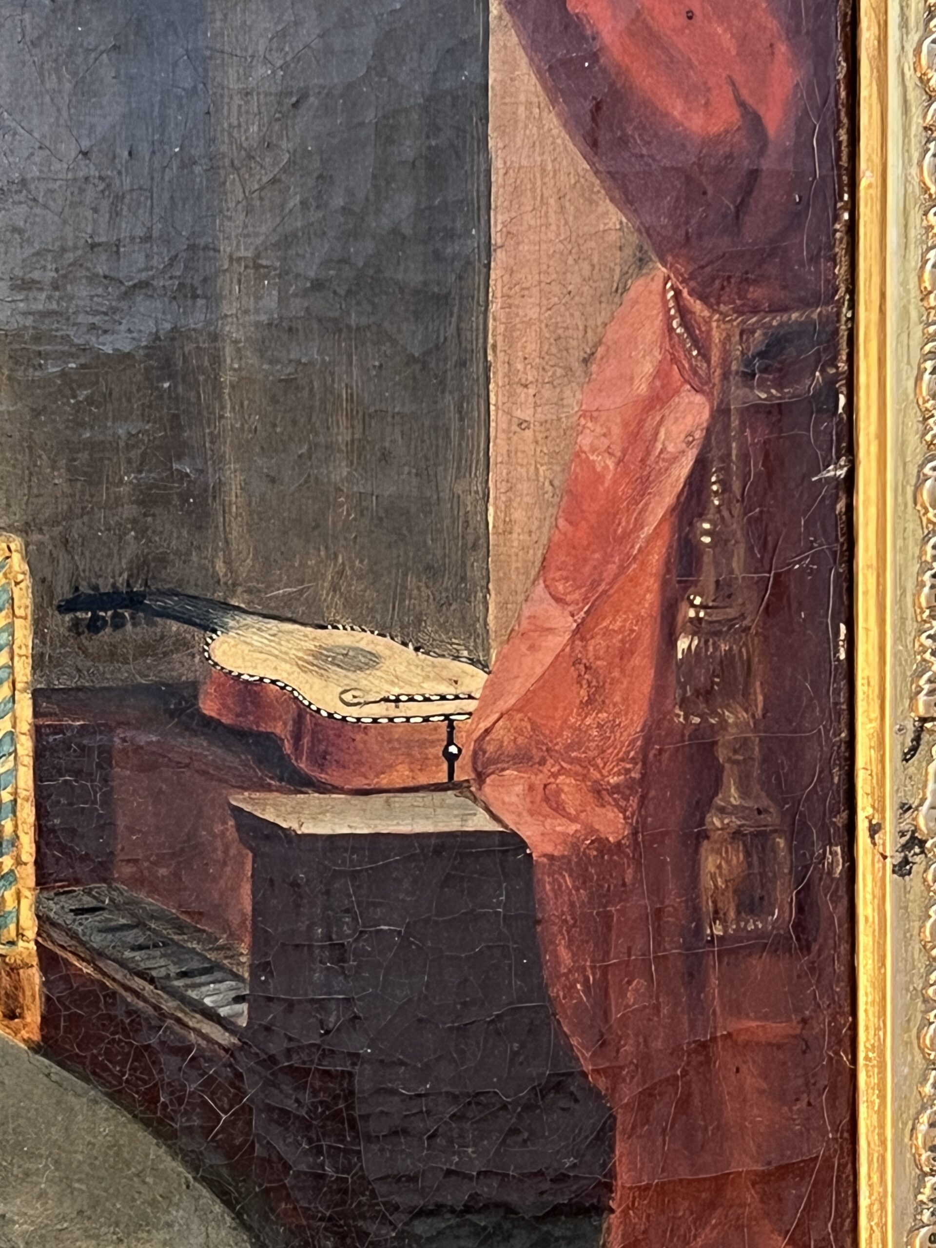 Tableau huile sur toile début XIXe, scène d'intérieur, deux femmes assises, cadre sculpté