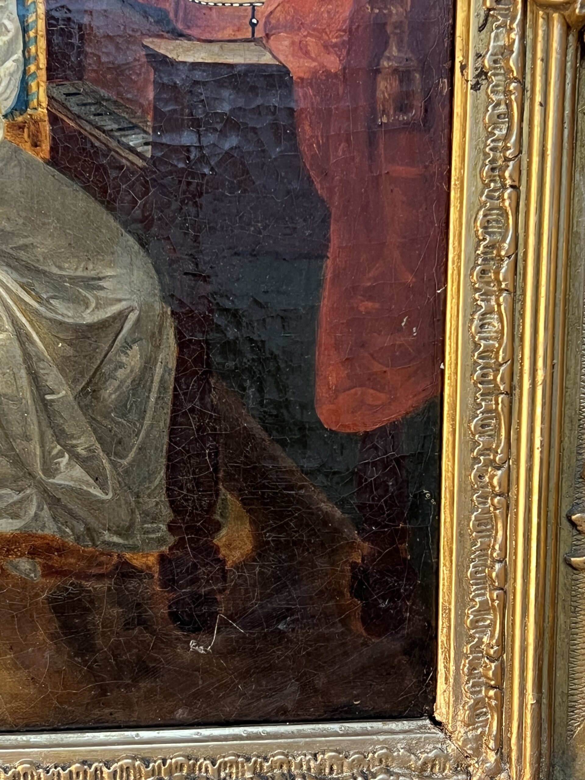 Tableau huile sur toile début XIXe, scène d'intérieur, deux femmes assises, cadre sculpté