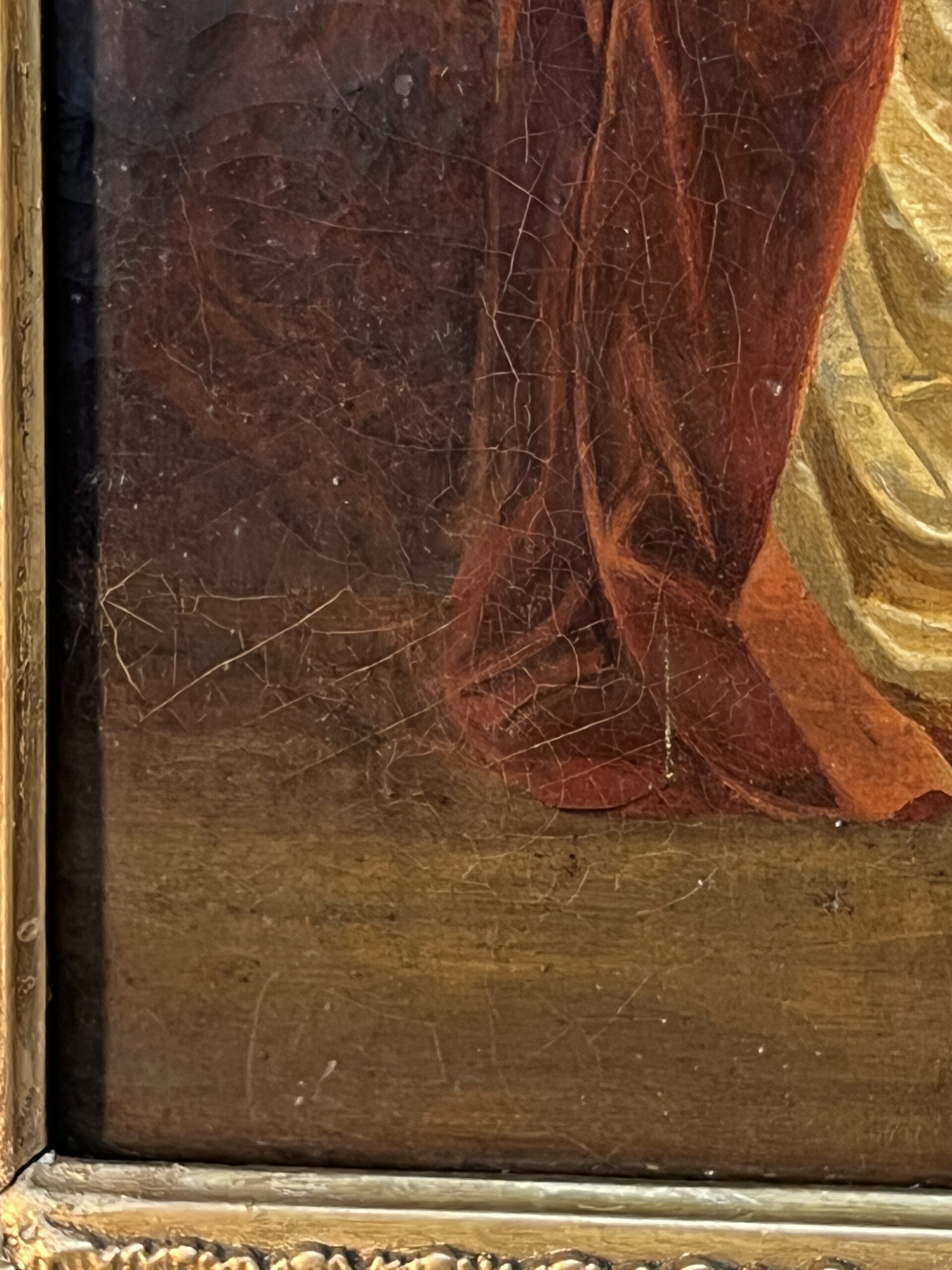 Tableau huile sur toile début XIXe, scène d'intérieur, deux femmes assises, cadre sculpté