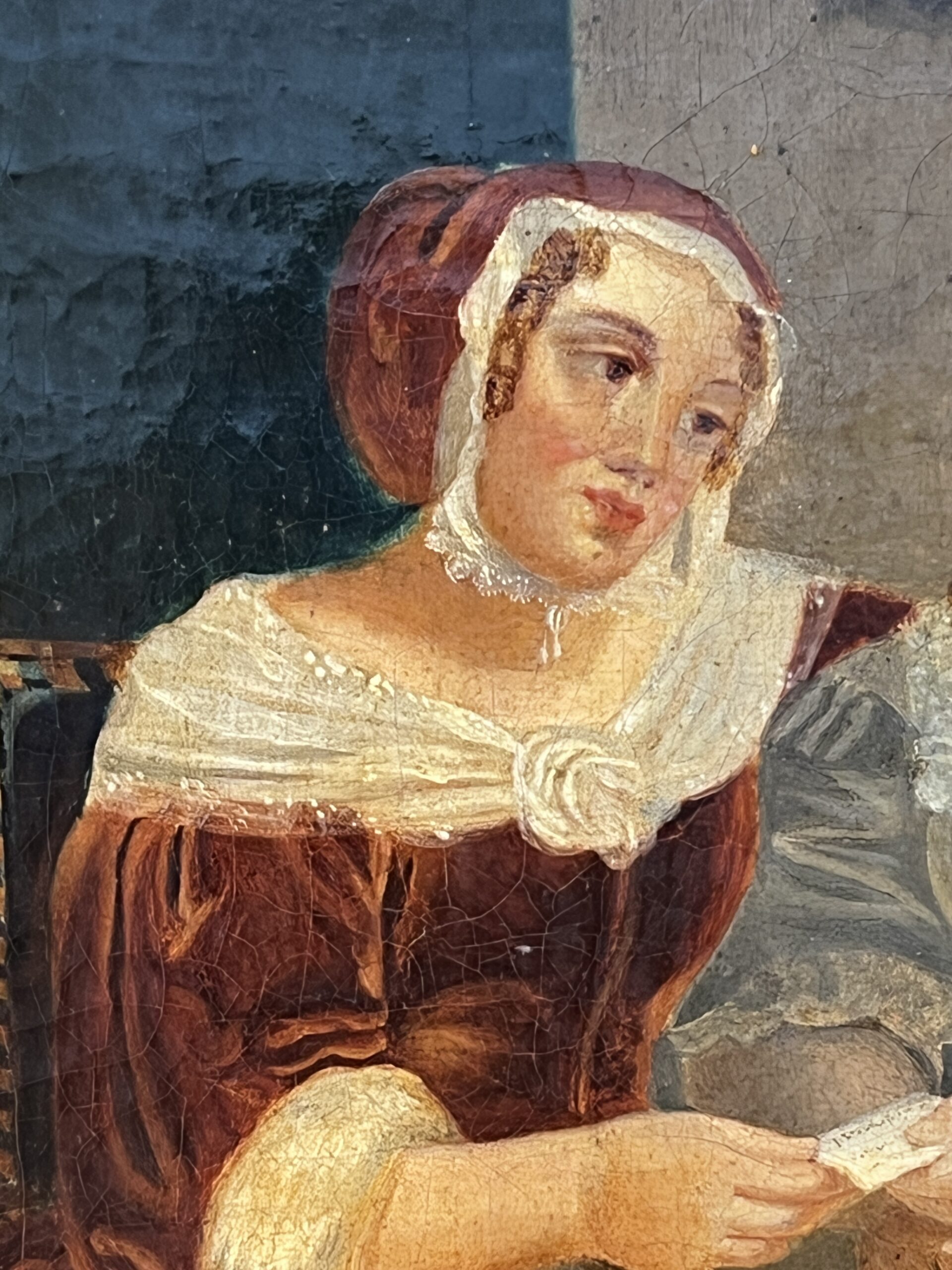 Tableau huile sur toile début XIXe, scène d'intérieur, deux femmes assises, cadre sculpté