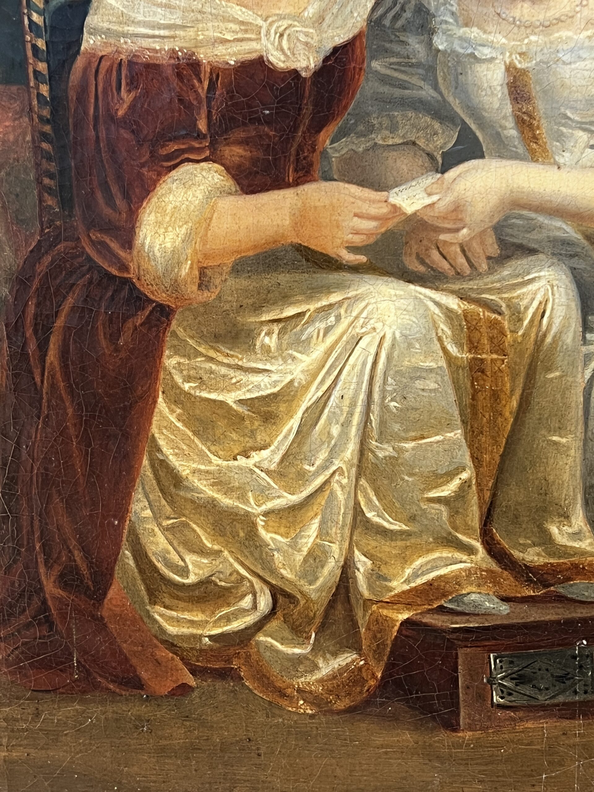 Tableau huile sur toile début XIXe, scène d'intérieur, deux femmes assises, cadre sculpté