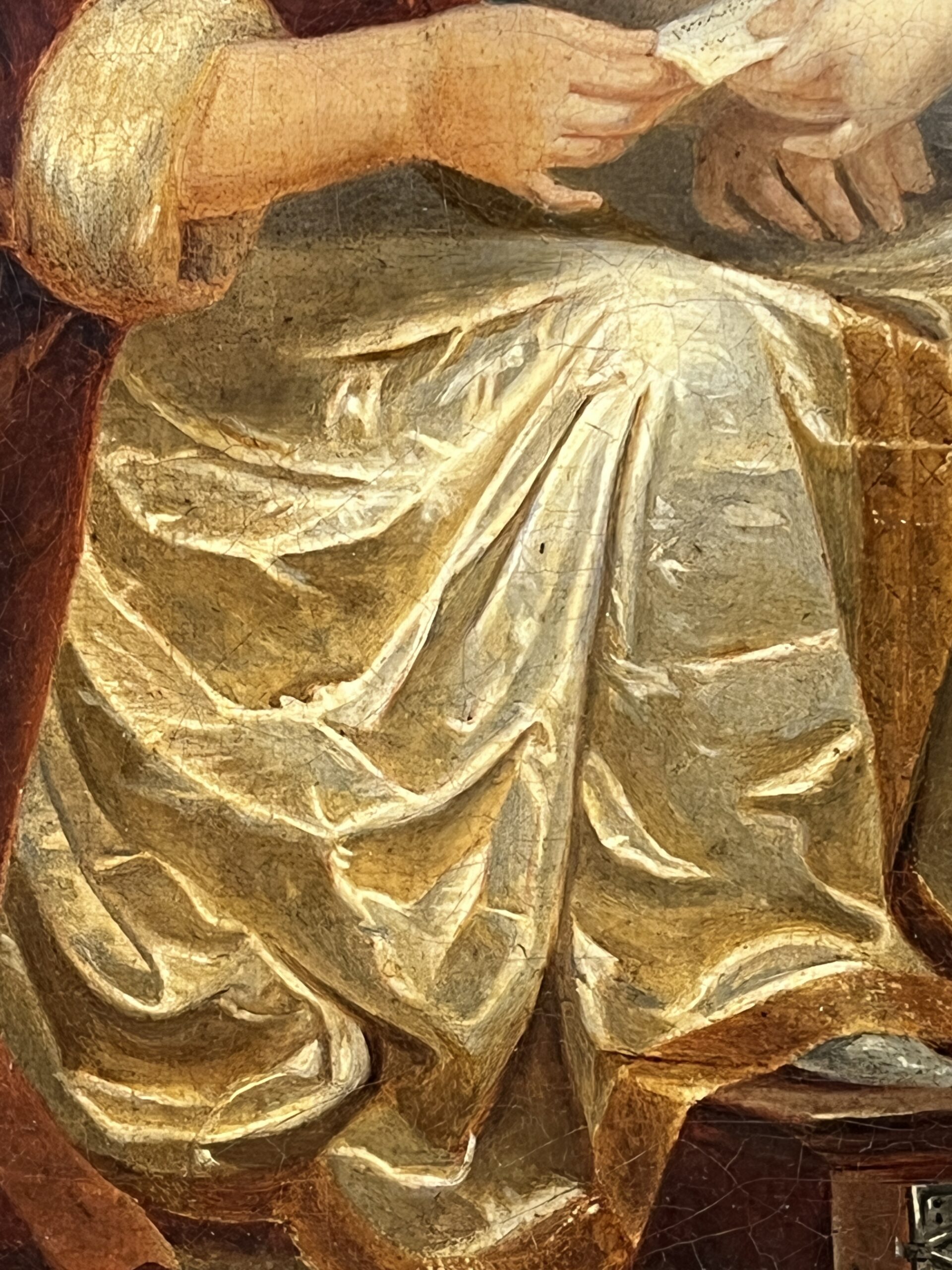 Tableau huile sur toile début XIXe, scène d'intérieur, deux femmes assises, cadre sculpté