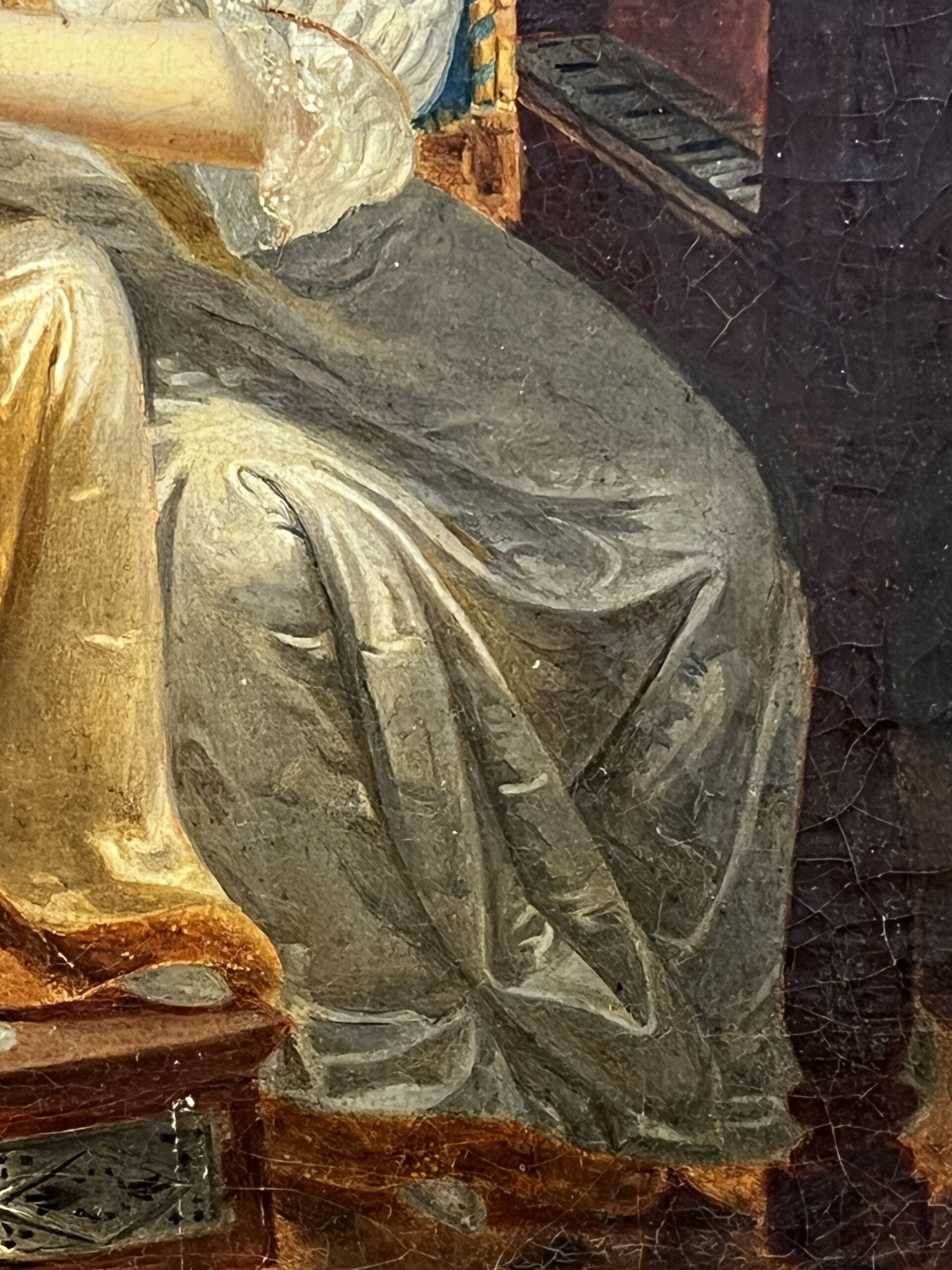 Tableau huile sur toile début XIXe, scène d'intérieur, deux femmes assises, cadre sculpté