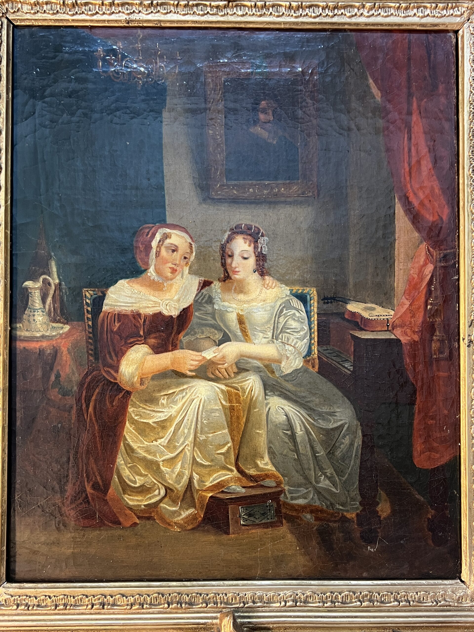 Tableau huile sur toile début XIXe, scène d'intérieur, deux femmes assises, cadre sculpté