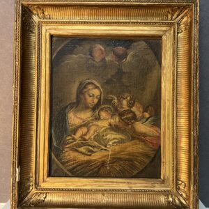 Tableau religieux du XVIIIe siècle, Vierge, enfant Jésus accompagnés d'anges, Cadre bois doré