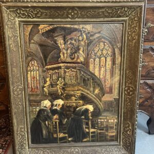 Beau tableau ancien huile sur panneau a décor de Bretonnes en prière dans une église