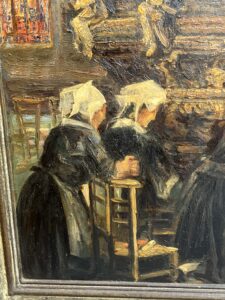 Beau tableau ancien huile sur panneau a décor de Bretonnes en prière dans une église