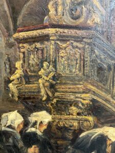 Beau tableau ancien huile sur panneau a décor de Bretonnes en prière dans une église