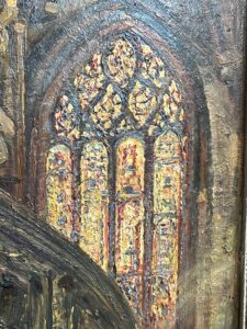 Beau tableau ancien huile sur panneau a décor de Bretonnes en prière dans une église