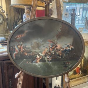 Joli tableau ancien de forme ovale d’après Benjamin West (1738-1820), la bataille de la Hogue, début XIXe siècle