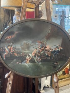 Joli tableau ancien de forme ovale d’après Benjamin West (1738-1820), la bataille de la Hogue, début XIXe siècle