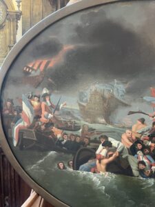 Joli tableau ancien de forme ovale d’après Benjamin West (1738-1820), la bataille de la Hogue, début XIXe siècle