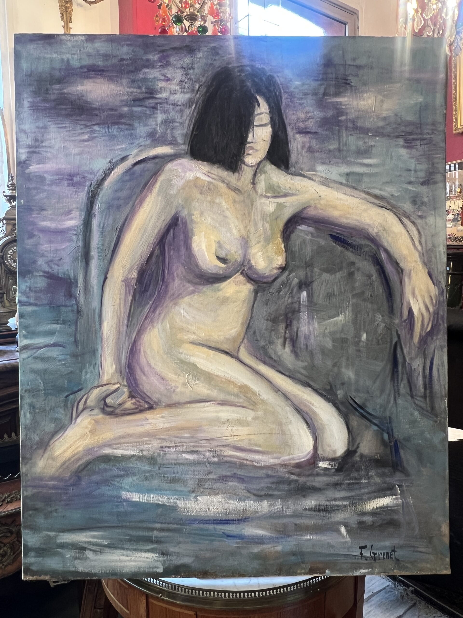 Francis Grenet, femme nue assise, huile sur toile, 60 x 81 cm, artiste peintre Rouennais
