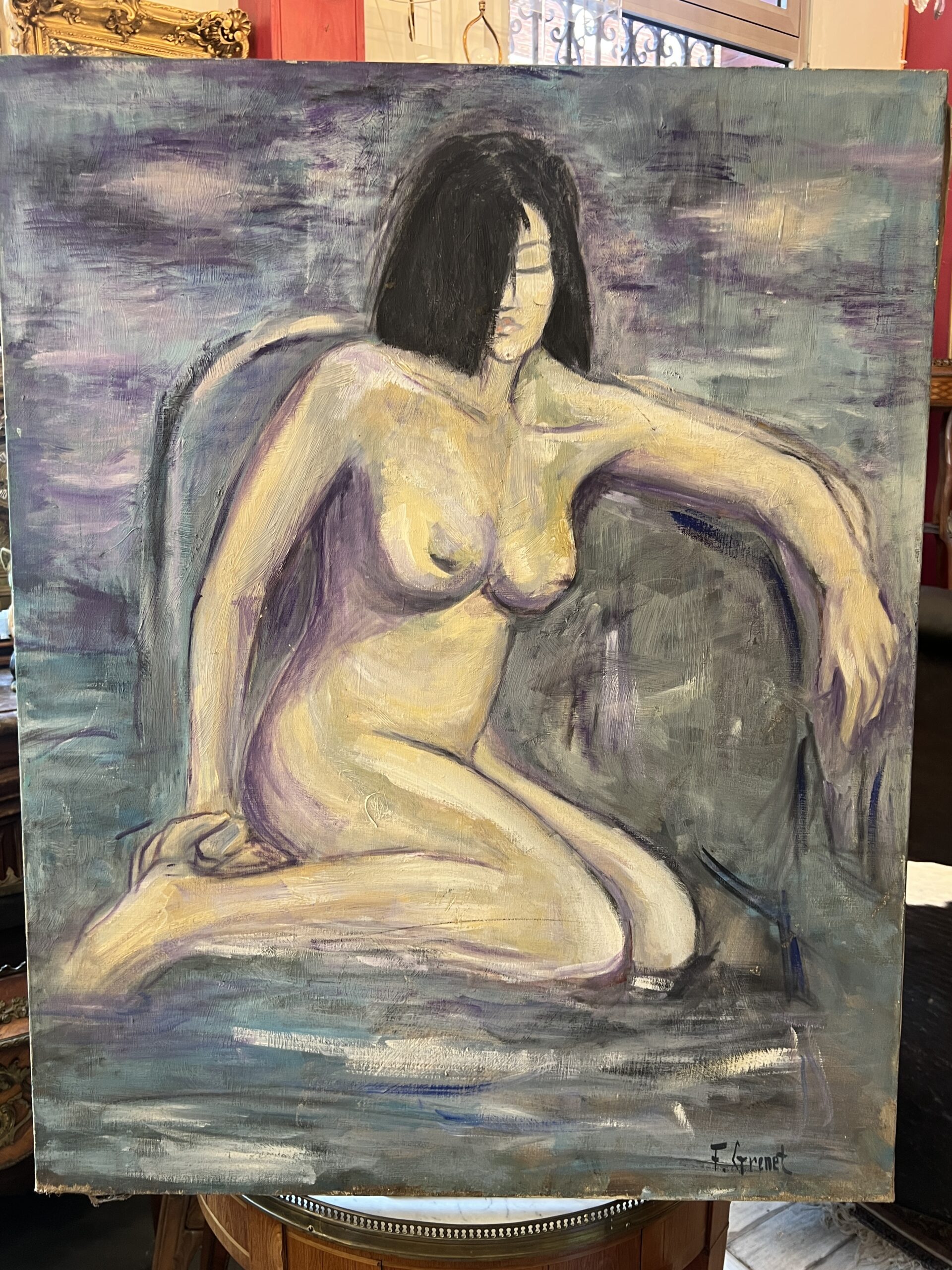 Francis Grenet, femme nue assise, huile sur toile, 60 x 81 cm, artiste peintre Rouennais