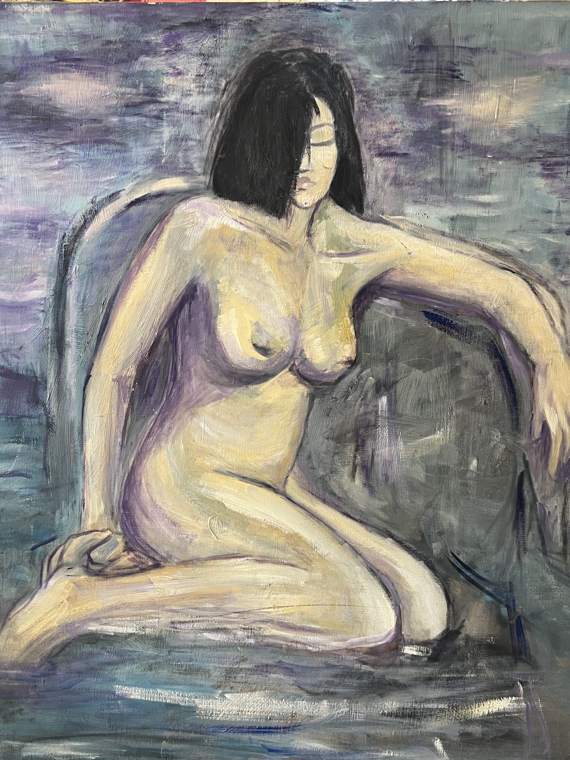 Francis Grenet, femme nue assise, huile sur toile, 60 x 81 cm, artiste peintre Rouennais
