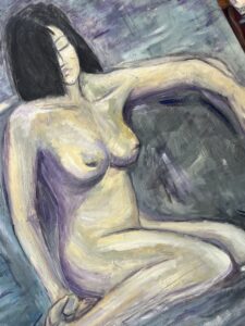 Francis Grenet, femme nue assise, huile sur toile, 60 x 81 cm, artiste peintre Rouennais