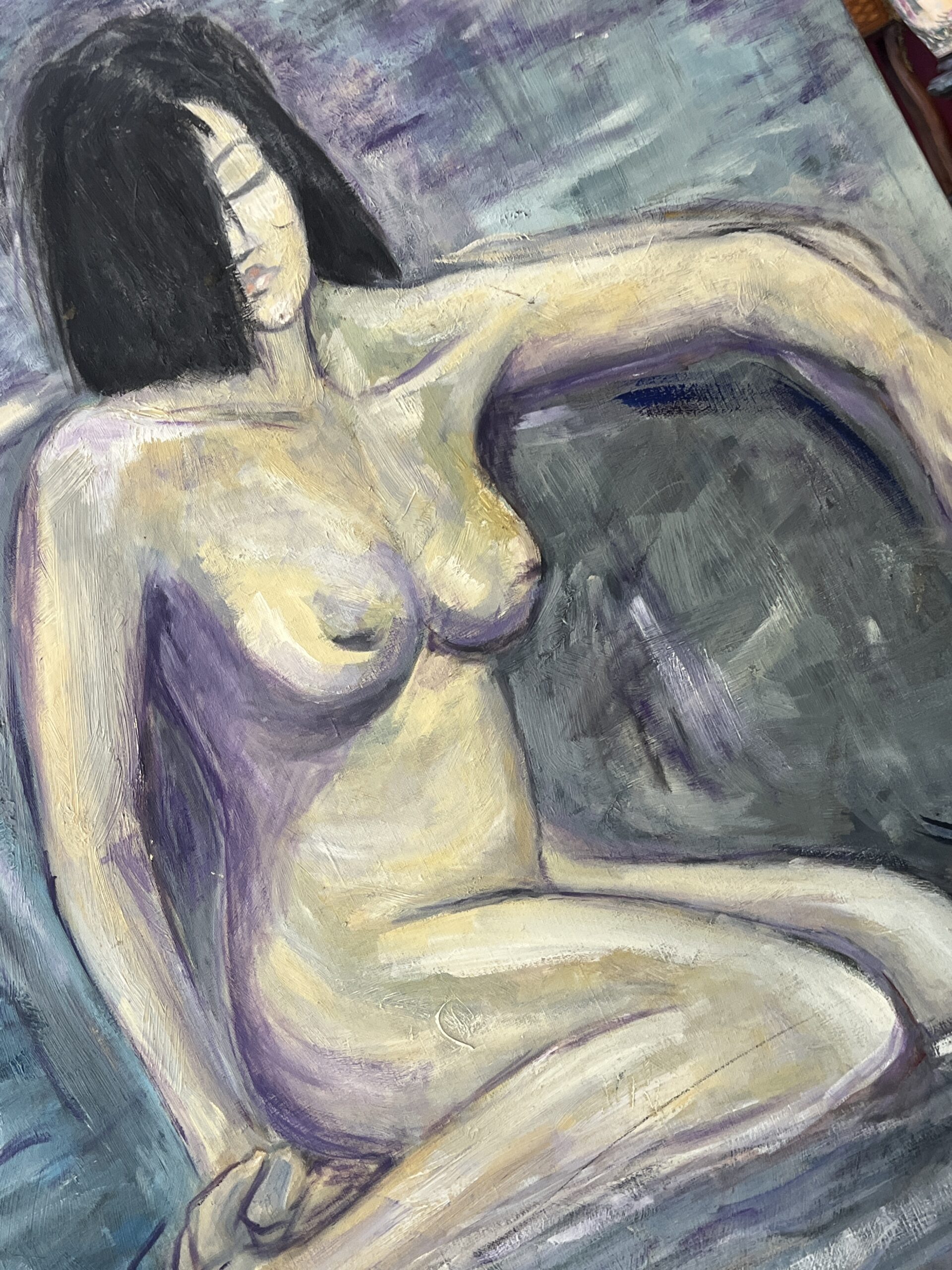 Francis Grenet, femme nue assise, huile sur toile, 60 x 81 cm, artiste peintre Rouennais