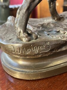 Bronze animalier de chasse en bronze patiné " L’Épagneul au faisan ", Jules Moigniez, longueur 50 cm